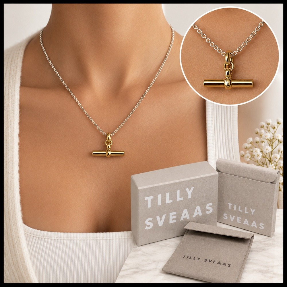 Tilly Sveaas Gold T-Bar Pendant on Recycled Silver Belcher Chain Necklace 50cm